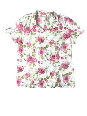 St. Johns Bay Pink Rose Floral Print Blouse Women's 1X Button Down Short Sleeve